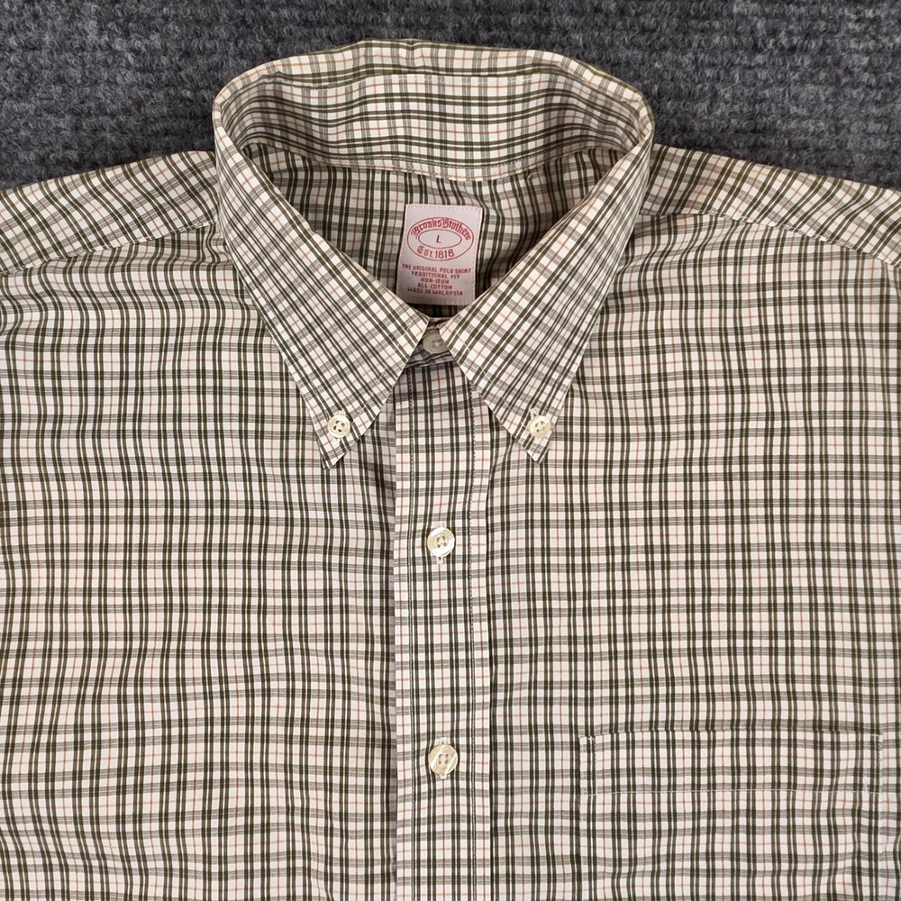 Brooks Brothers Traditional Fit Non-Iron Cotton Check Shirt Green Tan Mens L